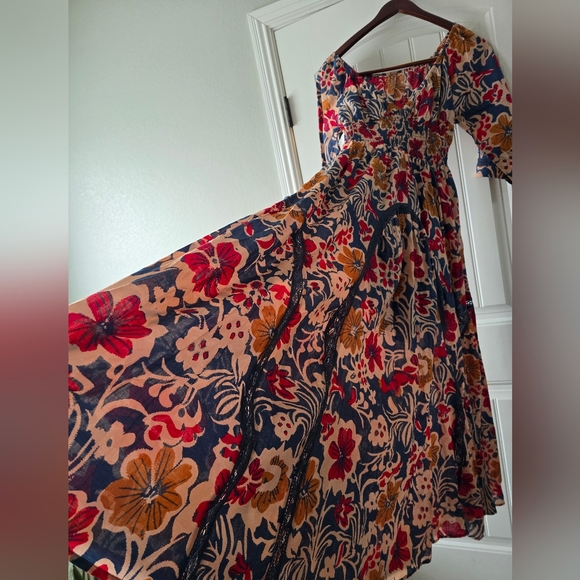 ✨️Free People Printed Maxi Dress Floral Smocked Boho XS Oversized Resort Wear - Picture 9 of 15